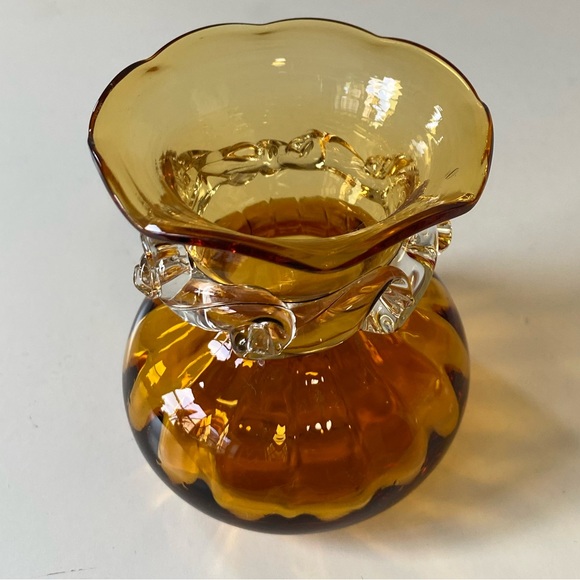 Vintage Pilgrim Glass Amber Vase with Applied Clear Glass Accents - 3.5” - Picture 3 of 10